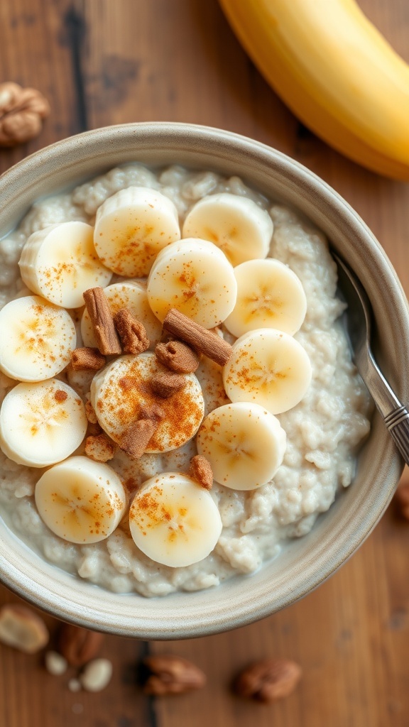 A bowl of oatmeal with banana slices, cinnamon, and honey on a wooden table.
